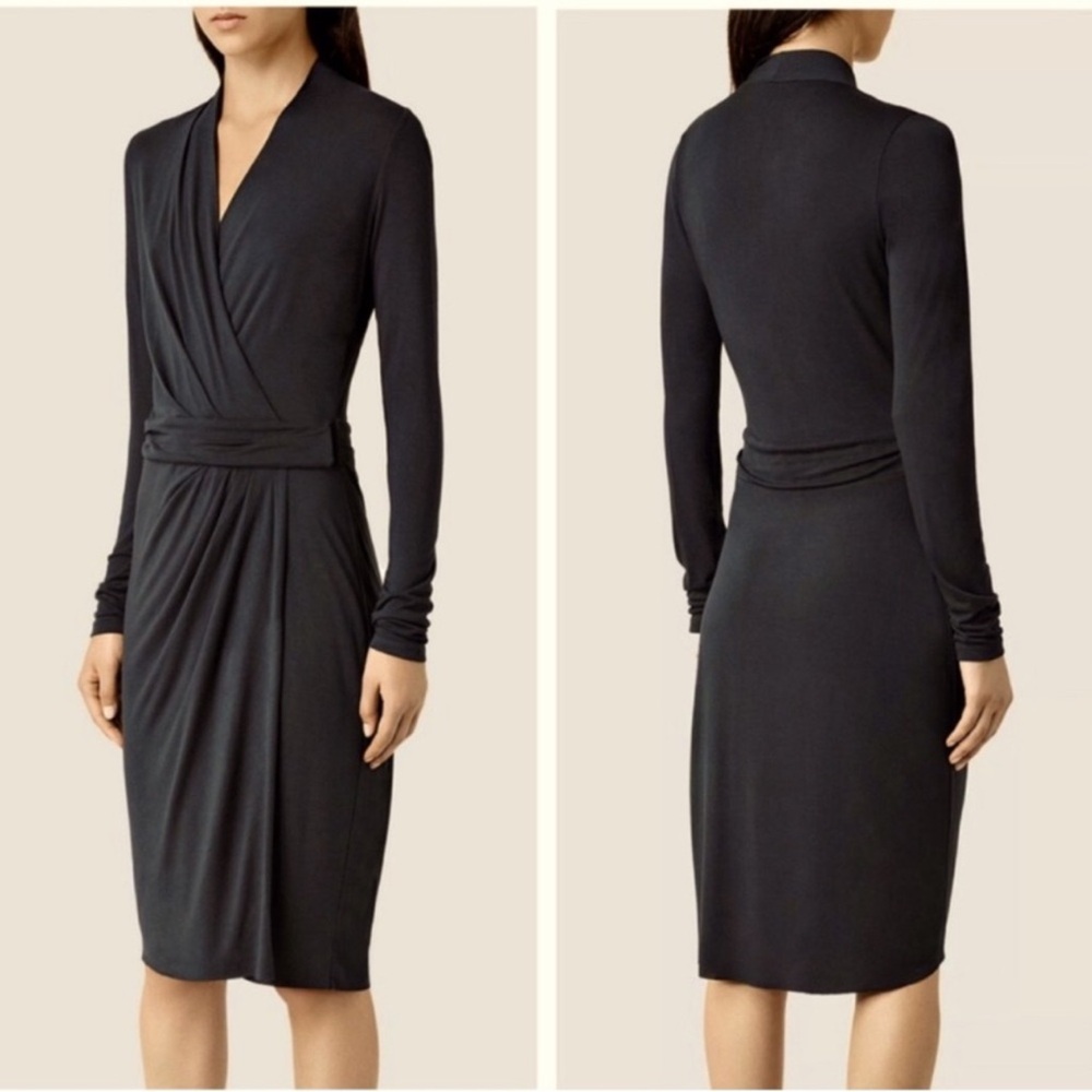 All Saints Nova beautiful wrap dress. 100% viscose, elegant, comfy, stretchy.